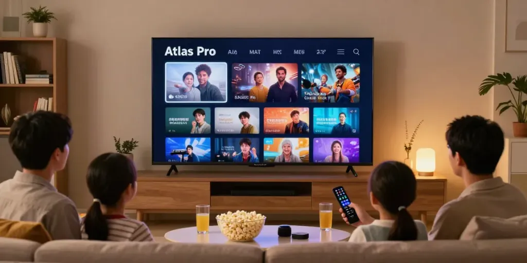 Télévision affichant l'application Atlas Pro avec une famille profitant d'une soirée cinéma à la maison
