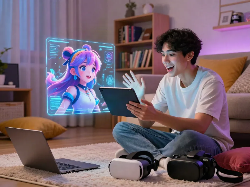 Engaging character AI nsfw interaction in a cozy, tech-savvy space with holographic anime character.