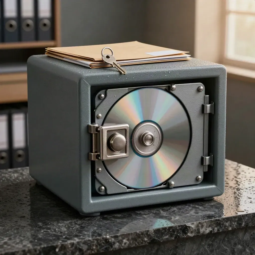 Un coffre d’archive graphite, des disques alu et des dossiers scellés sur pierre humide.