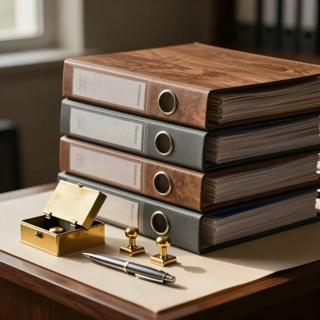 Piles de classeurs d’archives, boîte à cachets, pinces dorées et stylo métal sur bois brun.