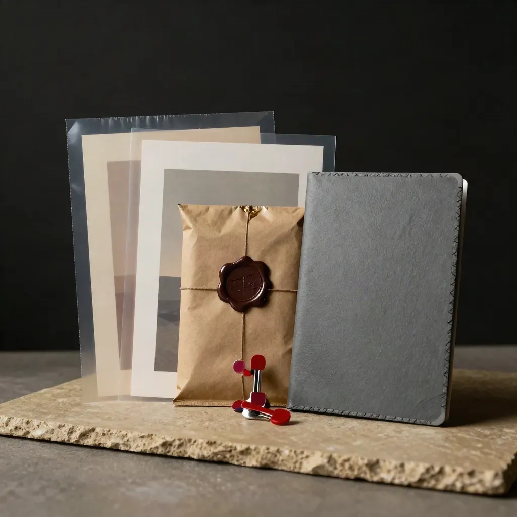 Paquet de maquettes clients, courrier scellé, clips rouges et pochette rigide sur pierre sombre.