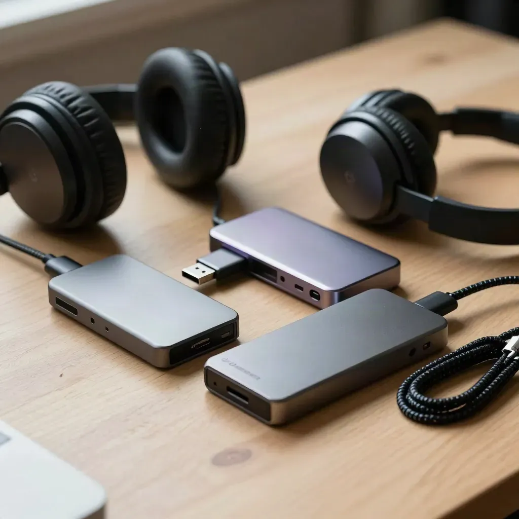 Deux SSD portables, un dock et un casque plié sur bois clair, sous une lumière dramatique.